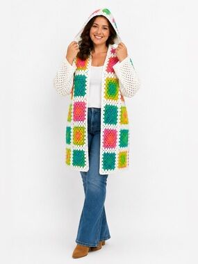Granny Square Afghan Crochet Cardigan, Hooded Cardigan Handmade Plus Size